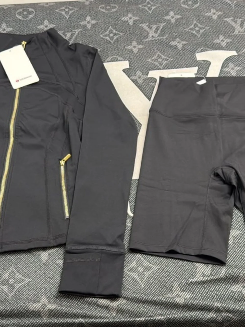 lululemon athletica Black Jacket with Gold Zippers & Black Bike Shorts